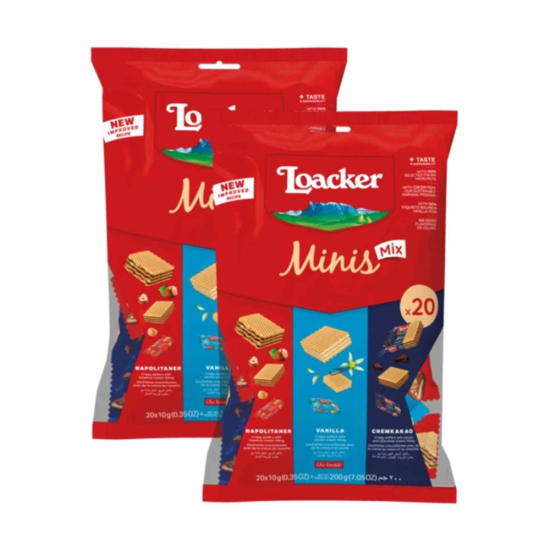 Loacker Classic Minis Mix Napolitaner Cremkakao and Vanilla Wafers, 200g Pack of 2