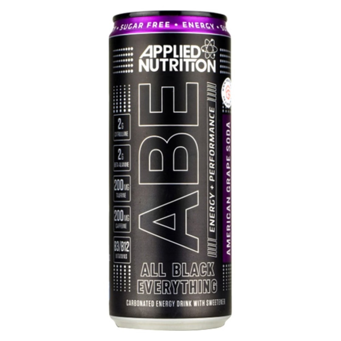 Applied Nutrition ABE All Black Everything Performance and Energy Zero Sugar Zero Calories Carbonated Energy Drink with Sweetener American Grape Soda 330ml