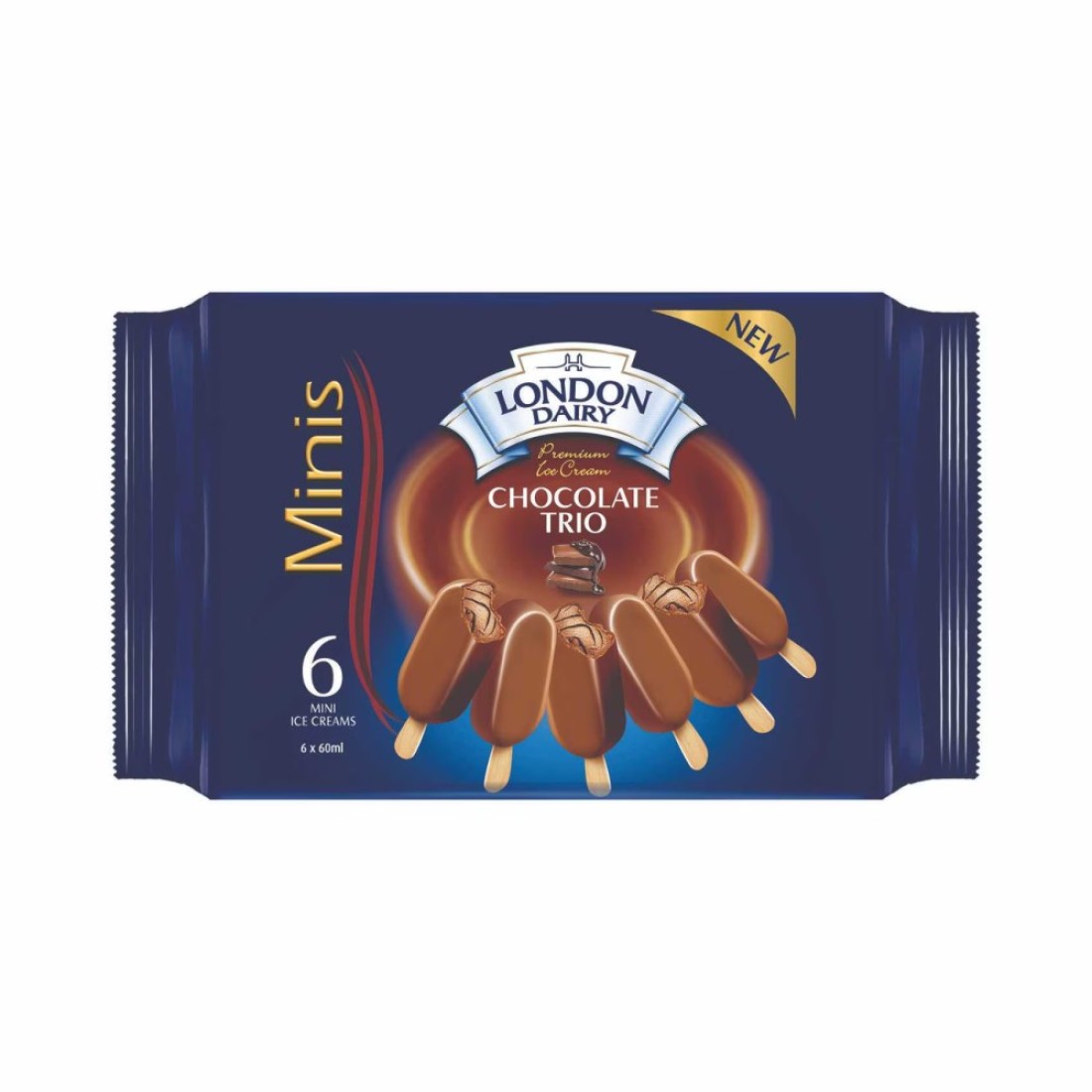 London Dairy Chocolate Trio Ice Cream Bar, 60ml Pack of 6