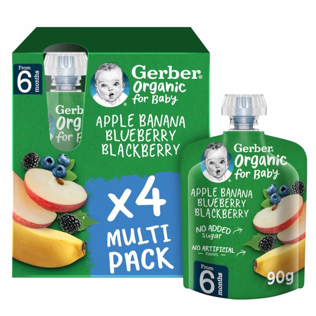 Gerber Organic with Apple, Banana, Blueberry and Blackberry, 90g, Pack of 4
