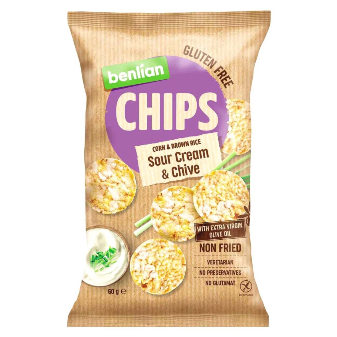 Benlian Gluten-Free Sour Cream Chive Flavoured Corn And Brown Rice Chips 60g