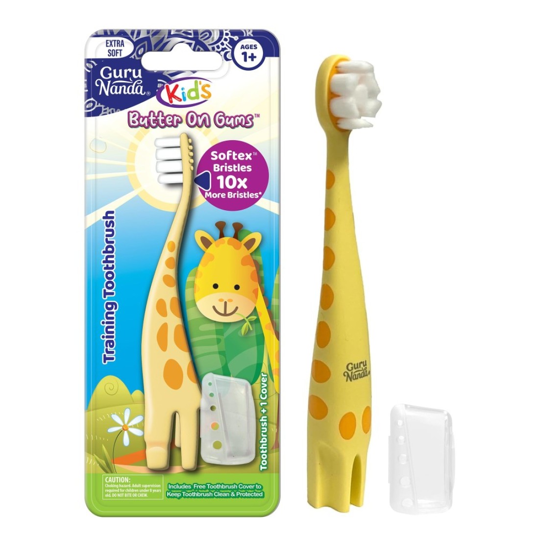 GuruNanda Kids Butter On Gums Training Toothbrush with Cover Cute Giraffe Design Extra Soft Bristles for Gentle Cleaning Ergonomic Handle BPA Cruelty Free 1 Pack Age 1