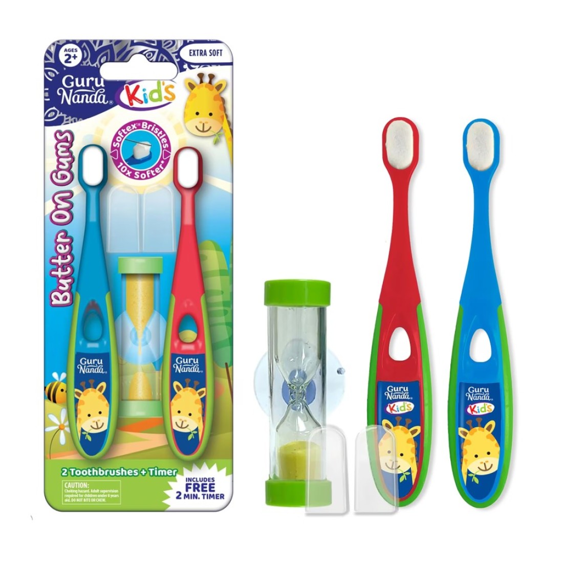 GuruNanda Butter on Gums Toddler Toothbrush with Sand Timer Extra Soft Bristles for Kids Age 2 Toothbrush with Tongue Cleaner Brush Cap 2 Pack