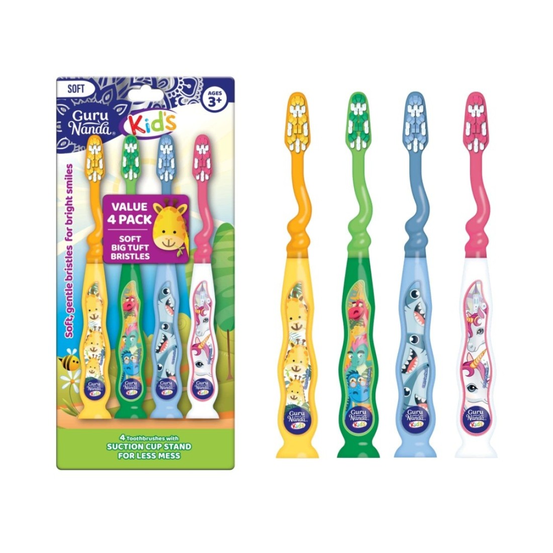 GuruNanda Kids Toothbrush with Suction Cup &amp; Fun Animal Designs - Soft Bristles for Healthy Gums- Non-Slippery &amp; Mess-Free Toothbrush, 3+ Age- 4 Count