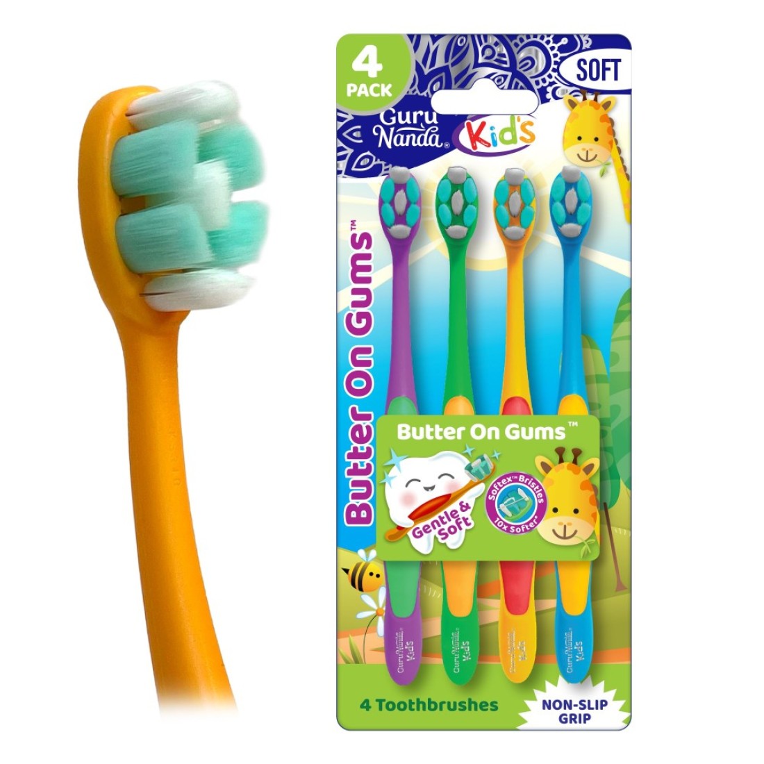GuruNanda Butter On Gums Kids Toothbrush 4 Pack Extra Soft Bristles Toothbrush for Kids MultiColored Fun to Use for Beginner Cleaning Ergonomic Grip Handle BPA CrueltyFree Age 3