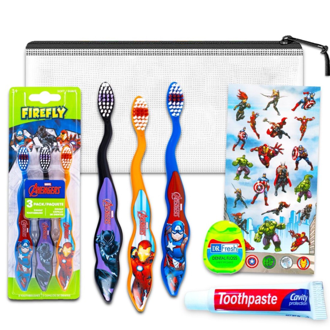 Avengers Toothbrush Travel Set for Kids - Bundle with 3 Avengers Toothbrushes, Kids Toothpaste, Floss, and More Avengers Toothbrush Oral Travel Kit for Kids