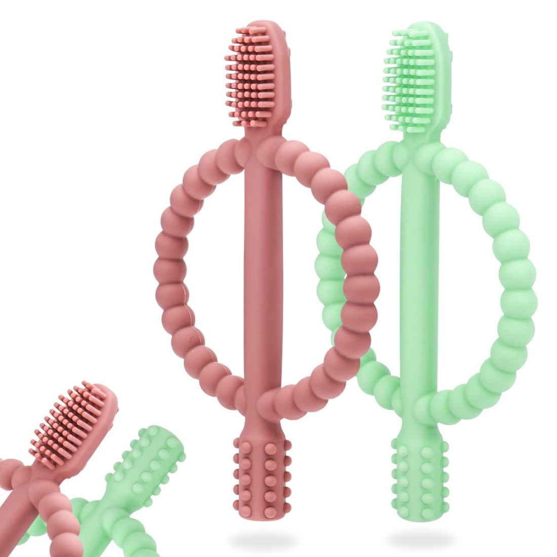 Baby Teething Toys with Easy-Hold Handle, Silicone Infant Toothbrush, Textured On Both Sides Helps Massage, Soothe Sore Gums, Teething Toys for Babies 0-6 Months, 6-12 Months Bright Green &amp; Caramel
