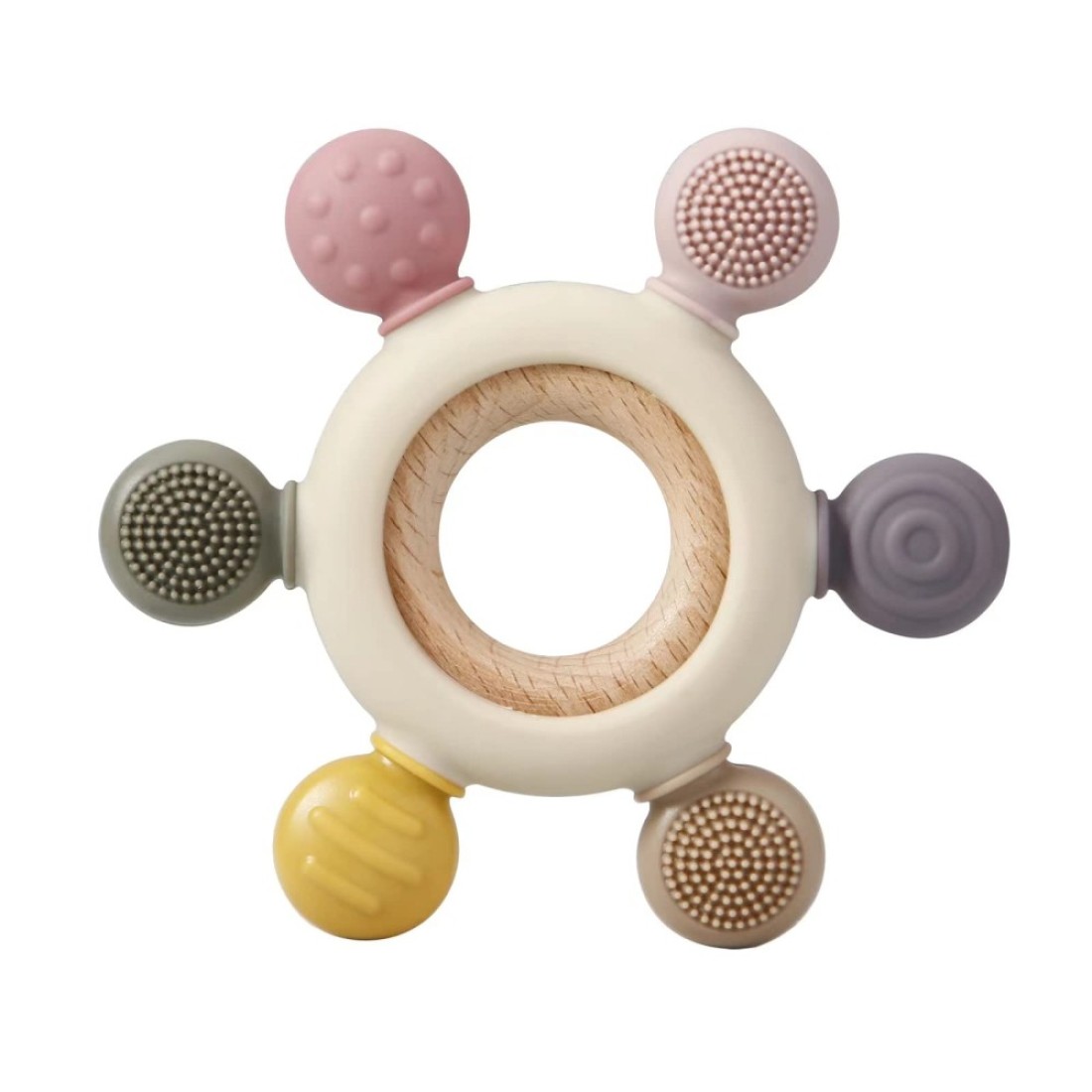 PandaEar Baby Teething Toys - Silicone Rudder Toy with Wooden Rings for Soothing Teething Pain Relief - Shower Gift for lnfants &amp; Toddlers 3+ Months (Pink)
