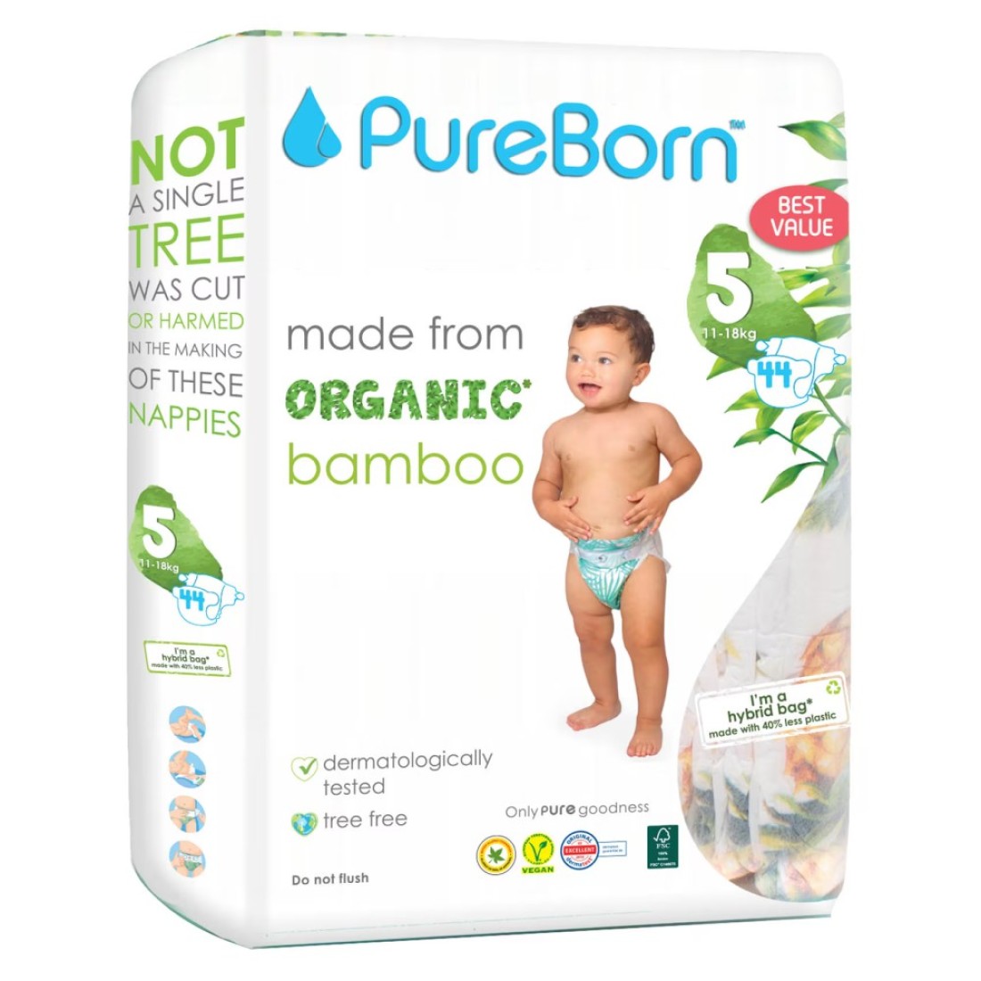 PureBorn Organic Bamboo Nappies Size 5 11-18kg 44 Diapers