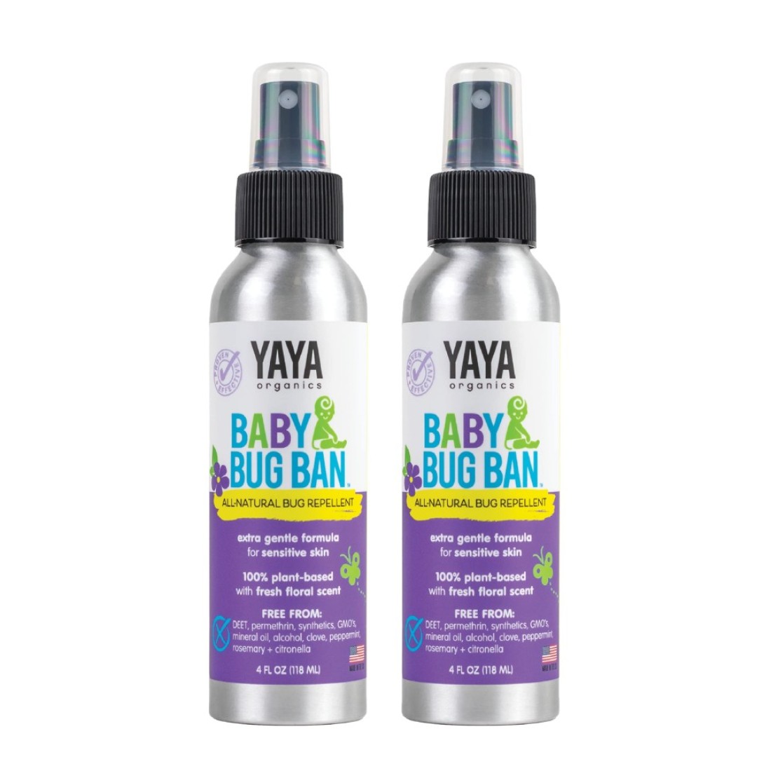 YAYA ORGANICS Baby Bug BAN AllNatural Proven Effective Repellent for Babies Kids and Sensitive Skin 4 Ounce Spray 2Pack