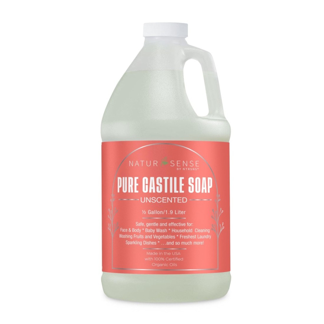 NTRSNS NaturSense Pure Castile Soap. Unscented, made with 100% Certified Organic Oils, Gentle Personal &amp; Baby Wash, Safe &amp; Effective Household Cleaning, 64 oz/half gallon