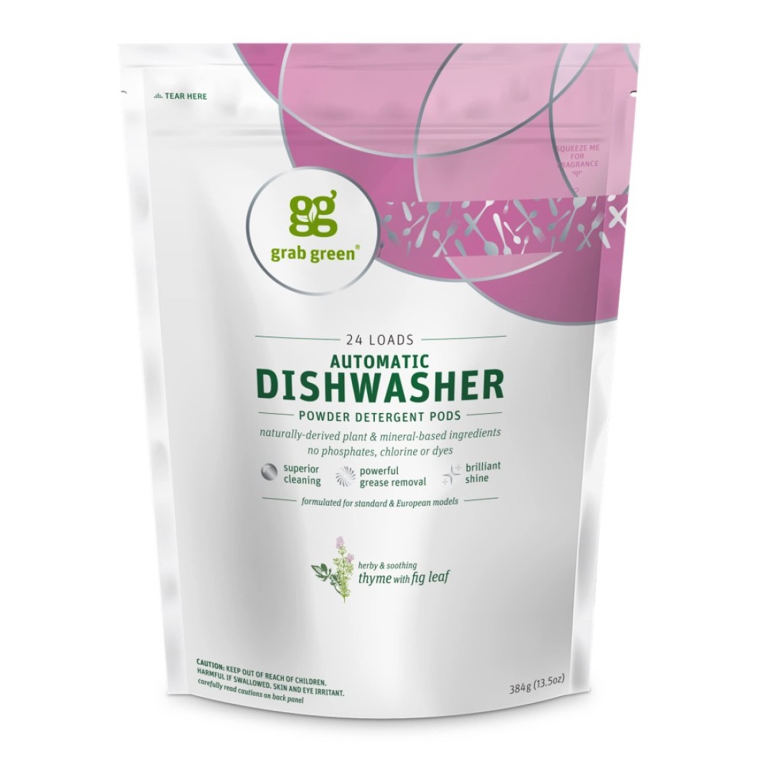 Grab Green Automatic Dishwashing Detergent Pods 24 Count Thyme Fig Leaf Scent Plant and Mineral Based Superior Cleaning Powerful Grease Removal
