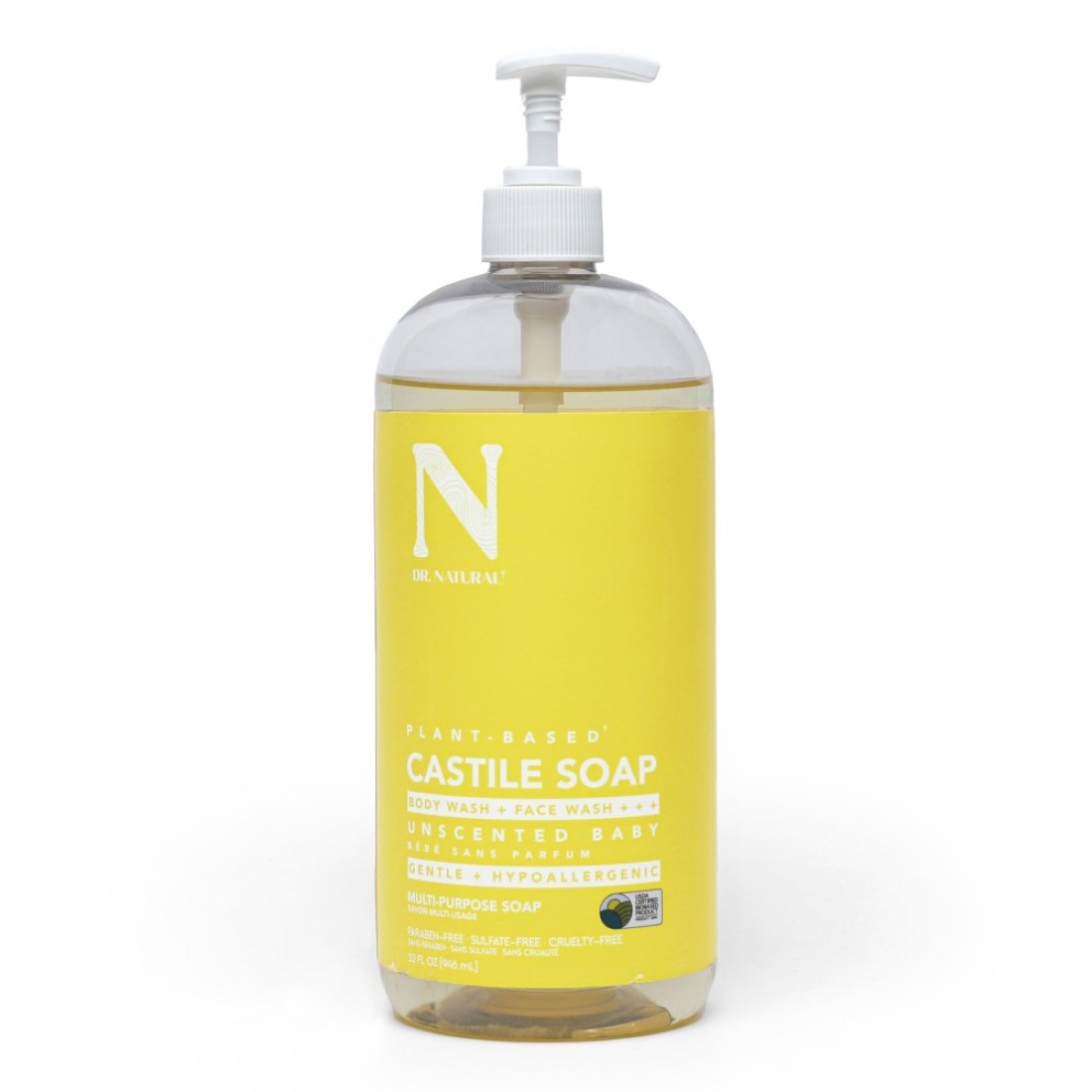 Dr Natural Castile Liquid Unscented Baby Soap Mild 32 oz PlantBased Made with Organic Shea Butter Rich in Essential Oils Sulfate and ParabenFree CrueltyFree MultiPurpose Soap