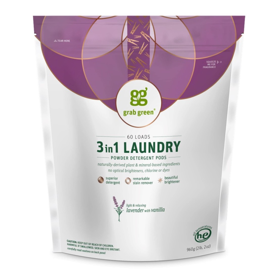 Grab Green3in1 Laundry Detergent Pods 60 Count Lavender Vanilla Scent Plant and Mineral Based Superior Cleaning Power Stain Remover Brightens Clothes