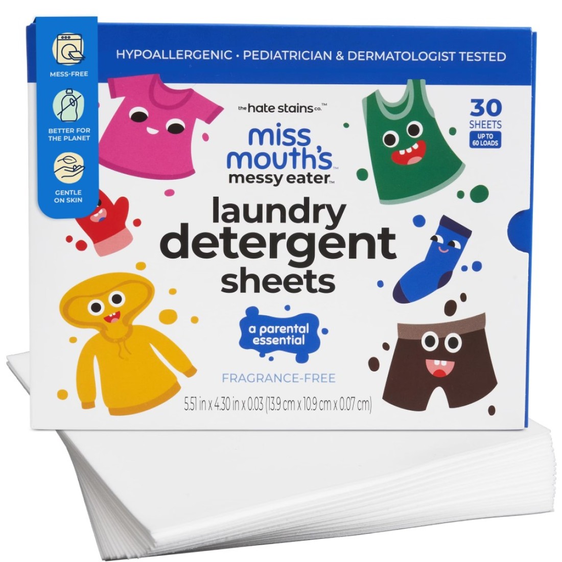 Miss Mouth&#39;s Messy Eater Laundry Detergent Sheets - Laundry Detergent, Hypoallergenic, Sensitive Skin Safe, Pediatrician and Dermatologist Tested, Fragrance Free, Travel Friendly