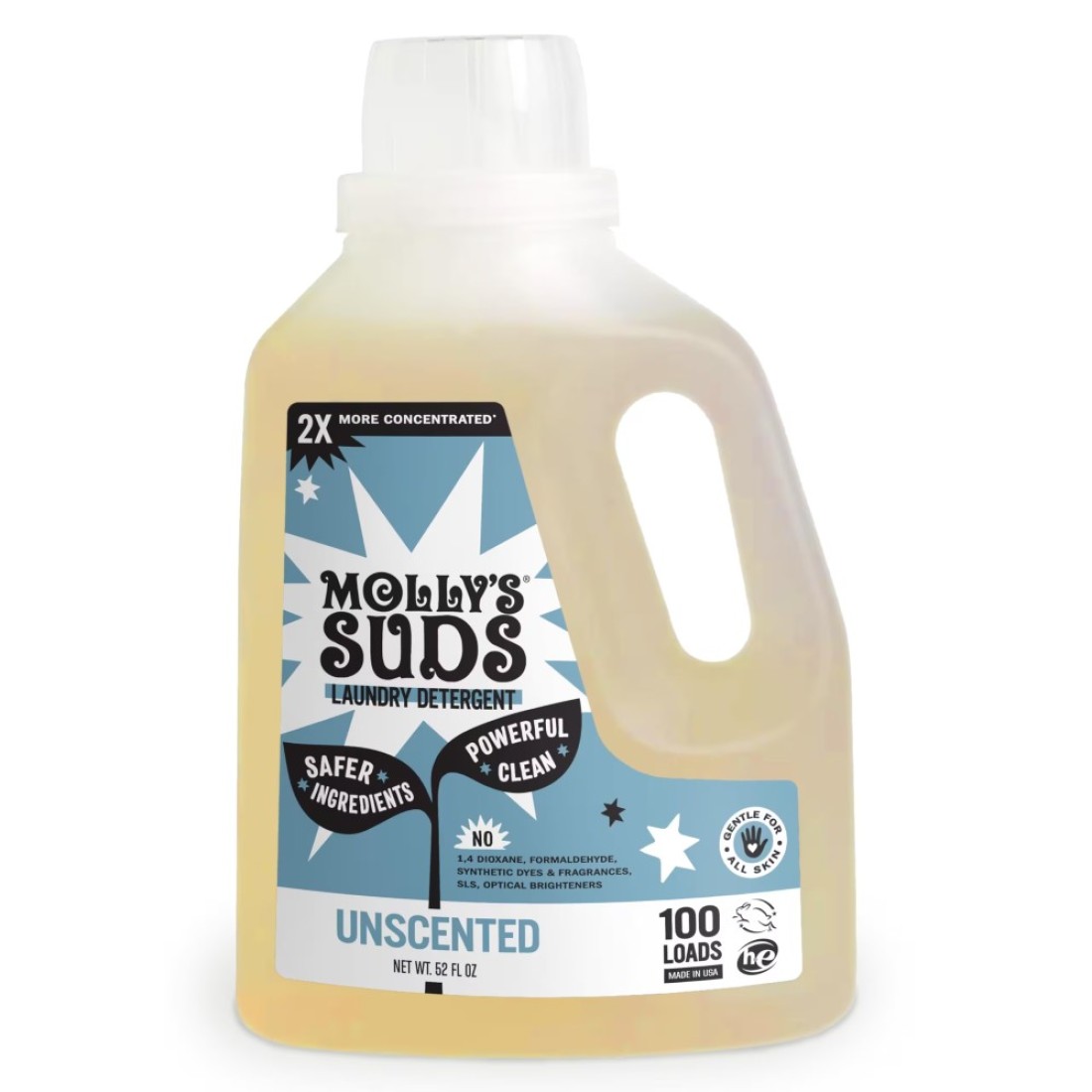 Molly&#39;s Suds Liquid Laundry Detergent Clean Laundry Detergent Soap for Sensitive Skin 2x Concentrated, High Efficiency (HE) Unscented - 100 Loads