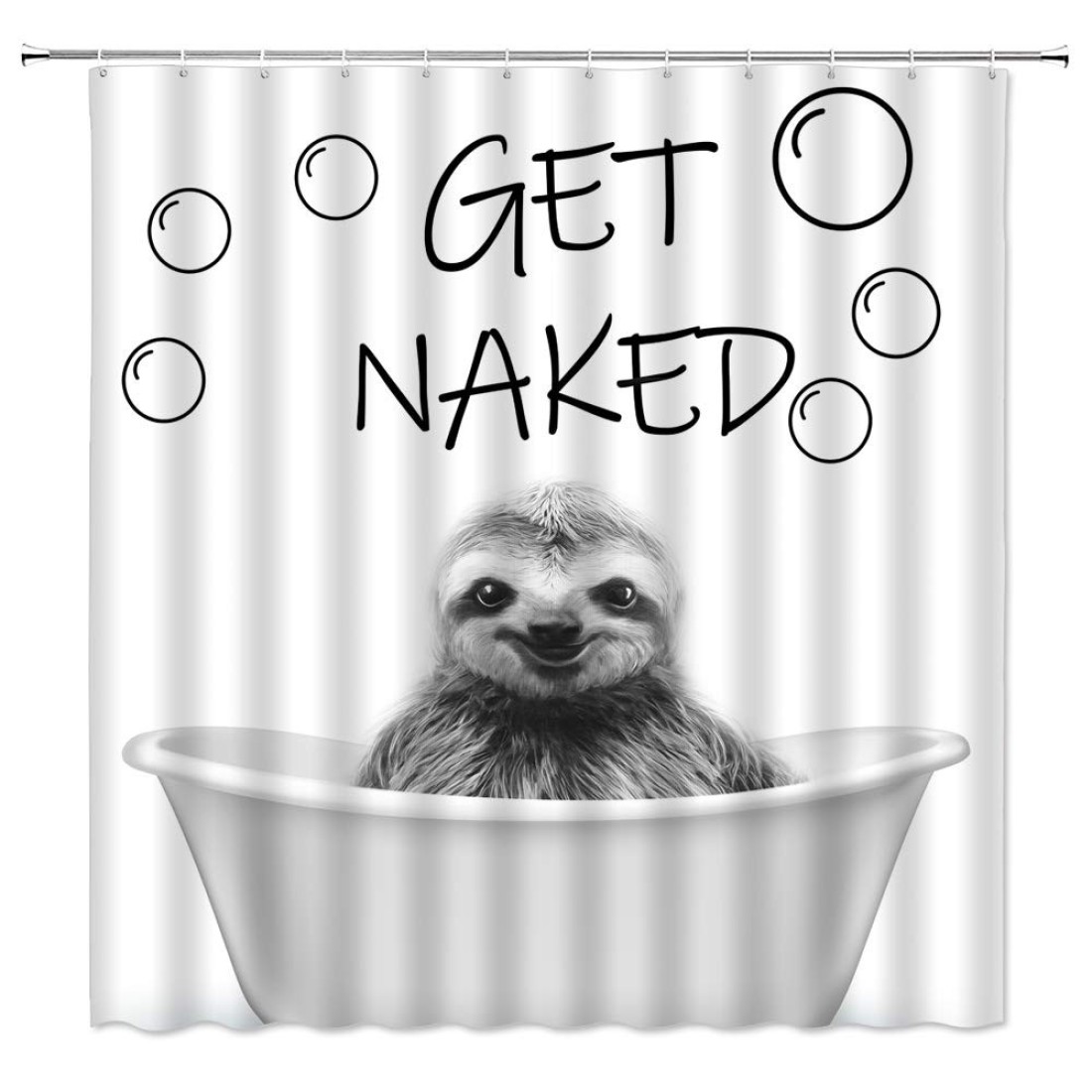 Sunhe Sloth Shower Curtain Black and White Sloth Portrait Funny Quote Get Naked Funny Animal in Bathtub Sketch Pattern Cute Art Print Fabric Bathroom Decor Curtain with Hooks