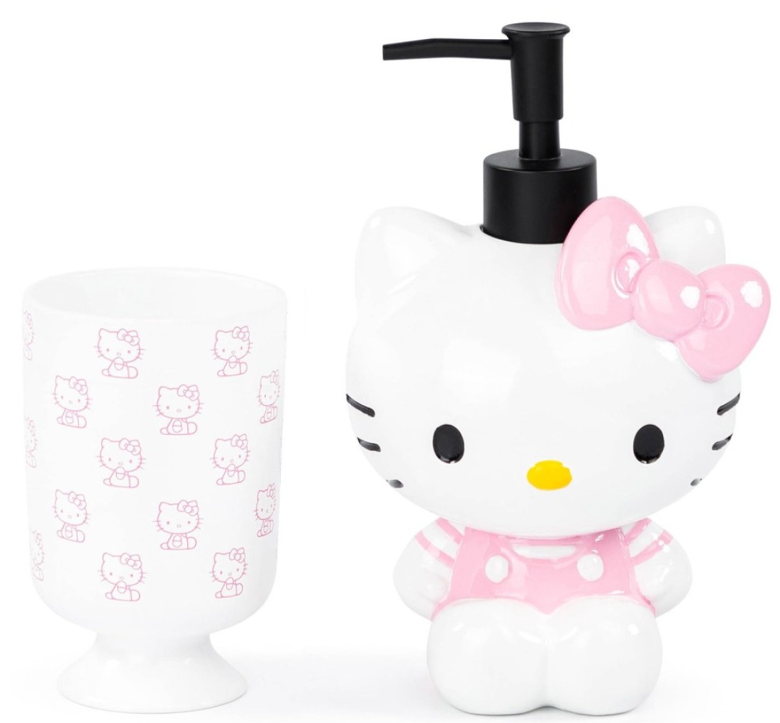Jay Franco Hello Kitty 2 Piece Bathroom Set White Pink Soap Dispenser Tumbler Set Kids Resin Bathroom Accessories