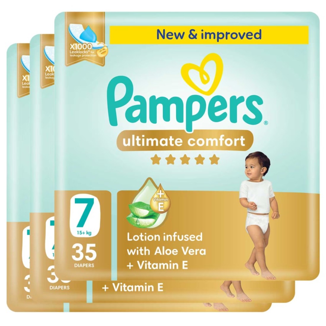 Pampers Ultimate Comfort Diapers with Aloe Vera Plus Vitamin E Size 7 15kg+ Giant Pack 35 Diapers Pack of 3