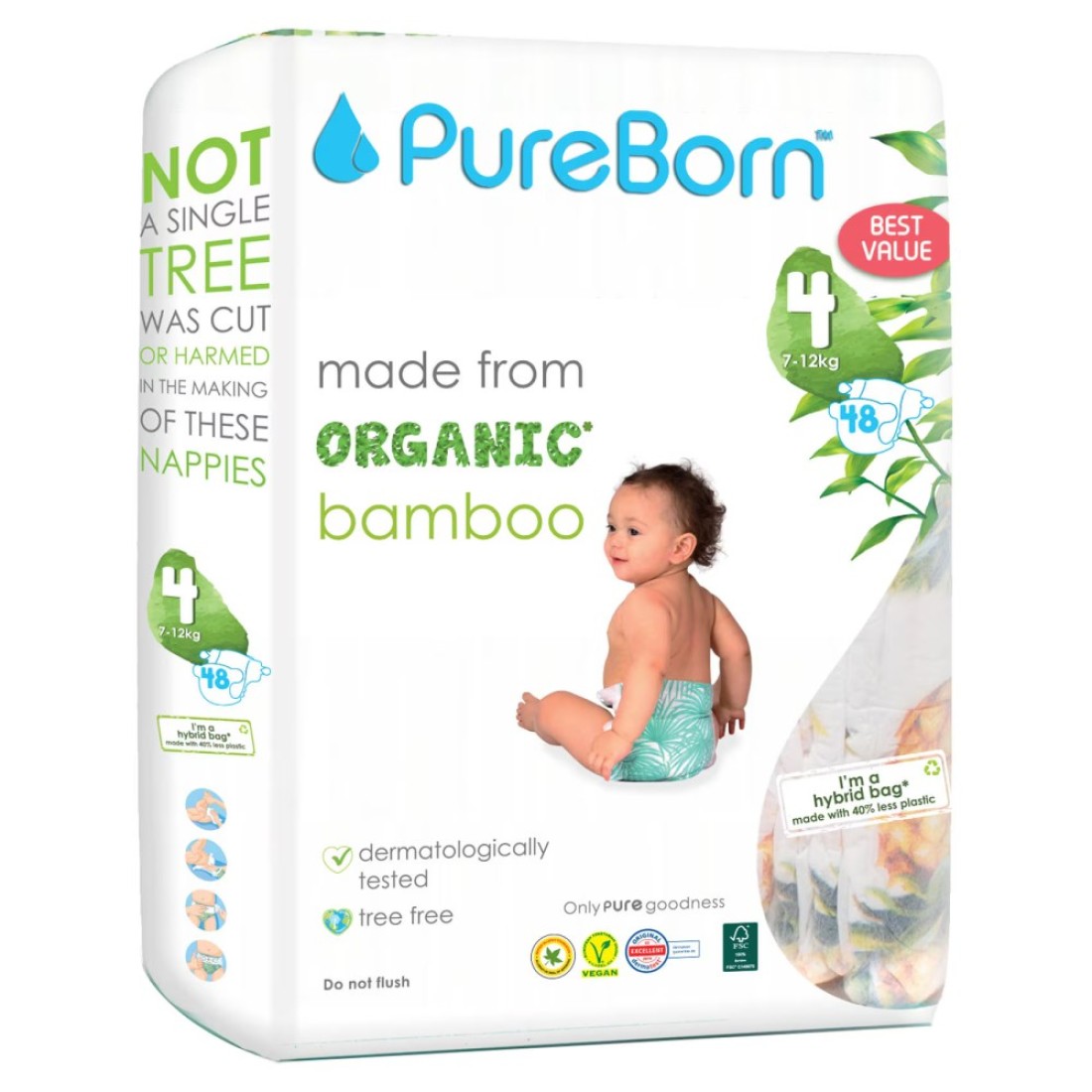 PureBorn Organic Bamboo Nappies Size 4 7-12kg 48 Diapers