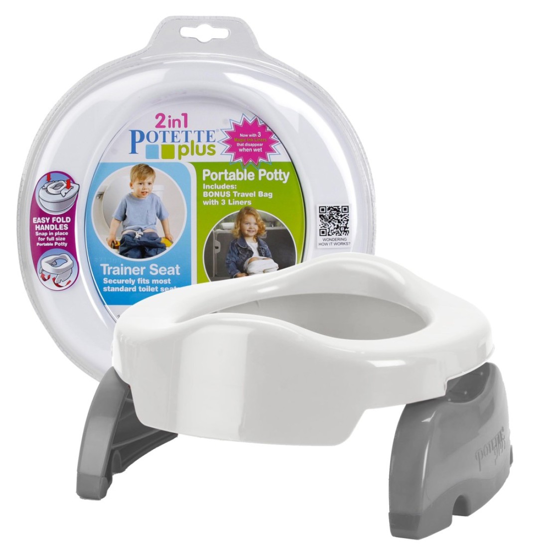 Kalencom Potette Plus 2in1 Travel Potty and Trainer Seat DualPurpose Potty Training Toilet Seat Portable Potty for Toddler Travel with Durable Lockin Legs and Splash Guard WhiteGray