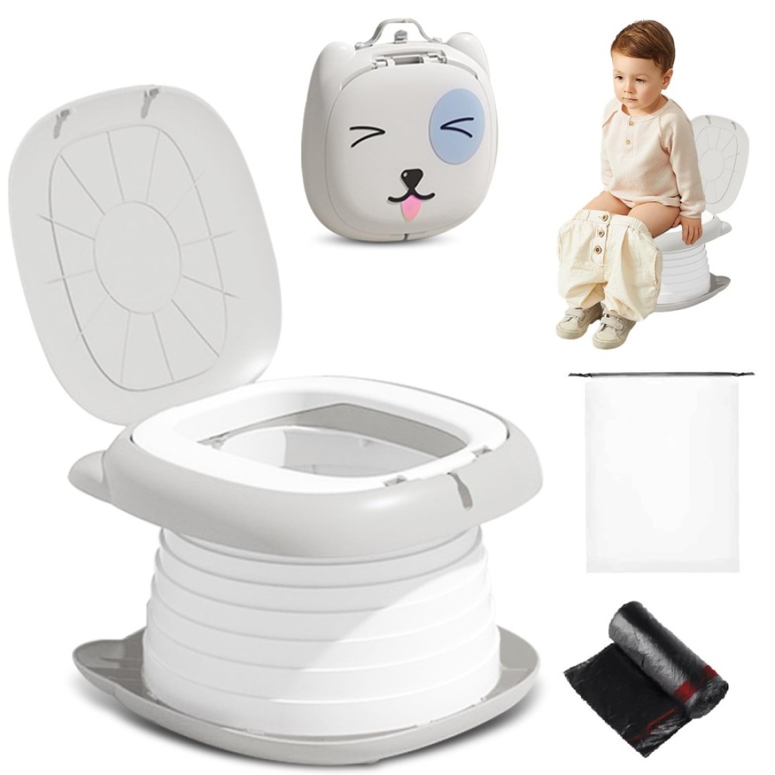 Portable Potty Training Toilet Seat for Toddlers Boys and Girls,Travel Potty Foldable,Toilet Apply Outdoor, Camping, Indoor (white Gray) by Yszawmx, Including a roll of garbage bags