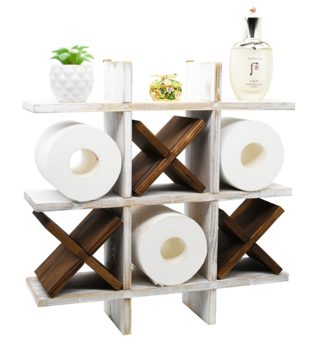 Tic Tac Toe Toilet Paper Holder Rack Rustic Whitewashed Wooden Toilet Paper Storage Bathroom Hanging Storage Wall Mounted Shelves D&Atilde;&copy;cor for Toilet Tissue Farmhouse