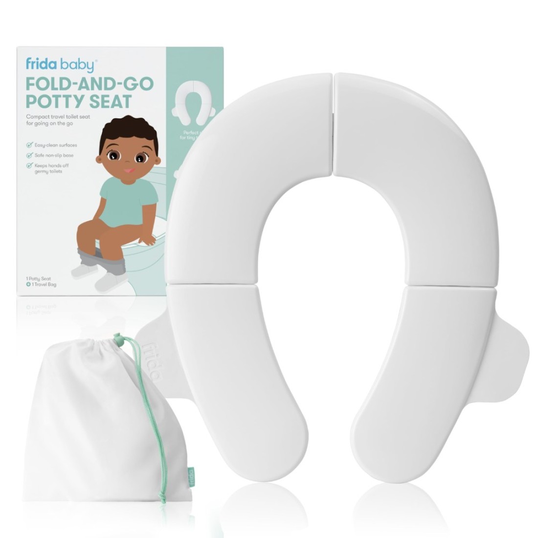 Frida Baby FoldandGo Potty Seat Folding Travel Potty Seat for Boys and Girls Fits Round Oval Toilets NonSlip Base Handles Includes Free Travel Bag
