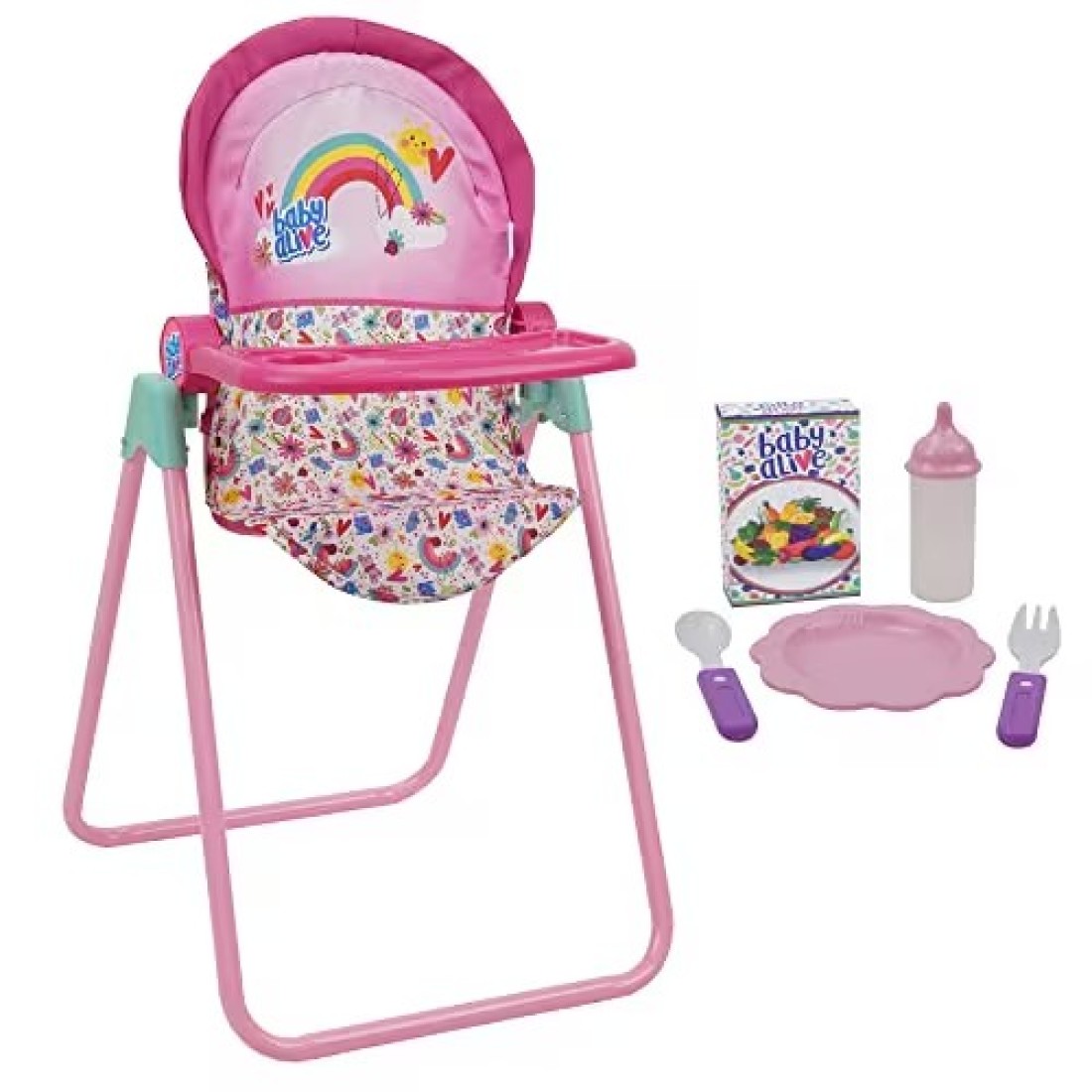 Baby Alive 509 Crew Doll High Chair Set - Pink &amp; Rainbow - 6 Pieces, Fits Dolls Up to 24&quot;, Highchair w/Front Feeding Tray &amp; 5 Feeding Accessories, Pretend Play for Kids Ages 3+