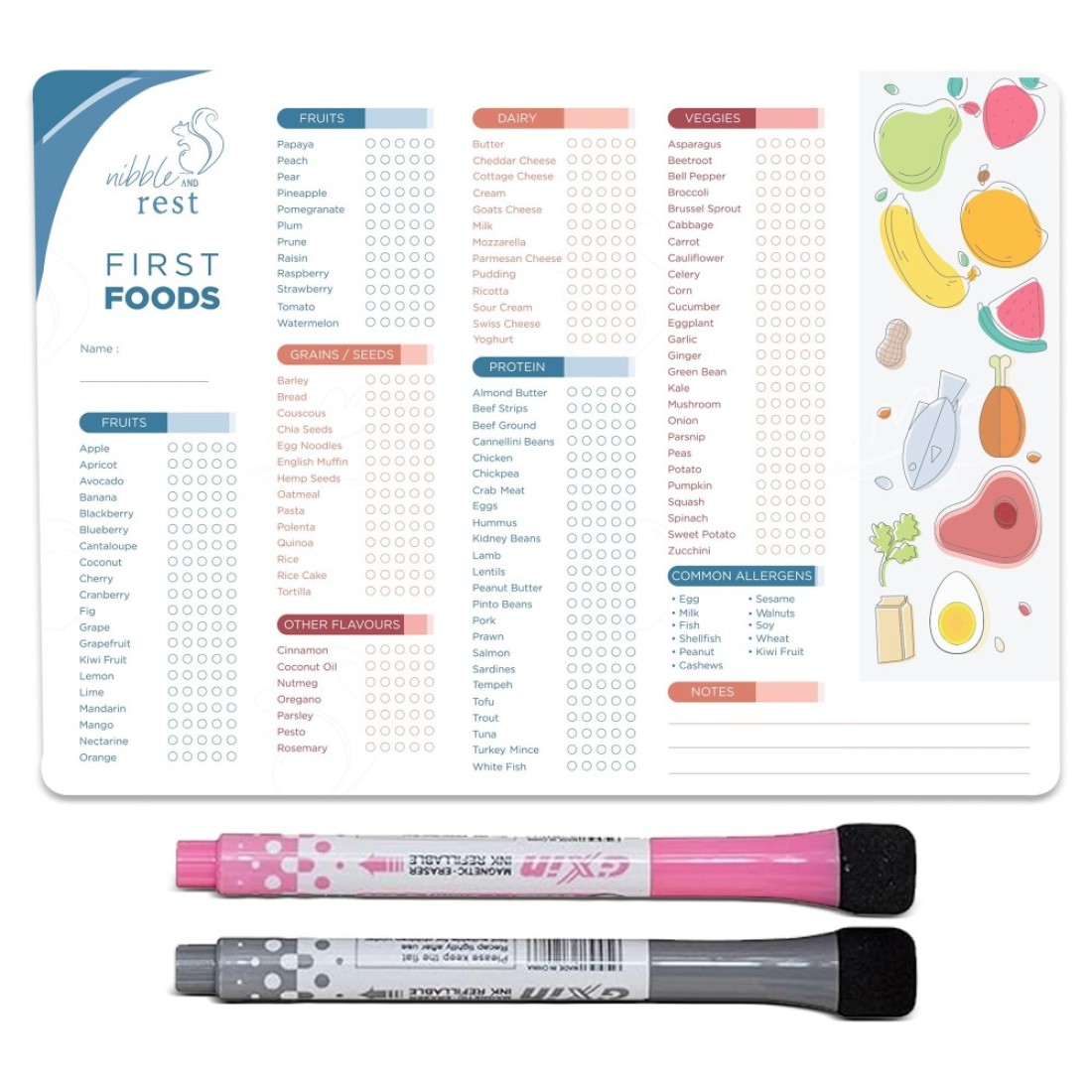 Nibble and Rest Baby&#39;s First Foods Tracker Fridge Magnet, Dry Erase Activity Poster, Daily Food Log, 101 Before One, Baby Food Chart/Checklist 25x35cm