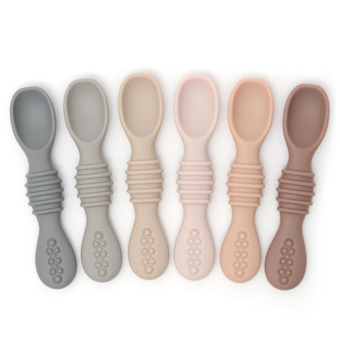 PrimaStella Silicone Chew Spoon Set for Babies and Toddlers Safety Tested BPA Free Microwave Dishwasher and Freezer Safe Neutral Palette