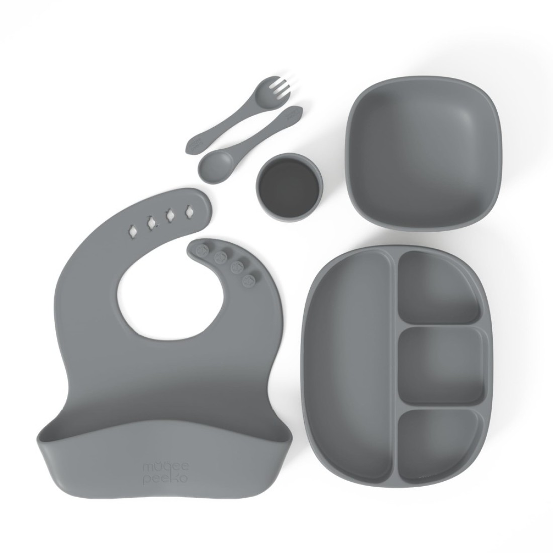 Muqee Peeko Baby Feeding Set 6 Piece Pebble Gray Includes Suction Bowl Plate Silicone Bib Spoon Fork for Toddlers Kids Dinnerware