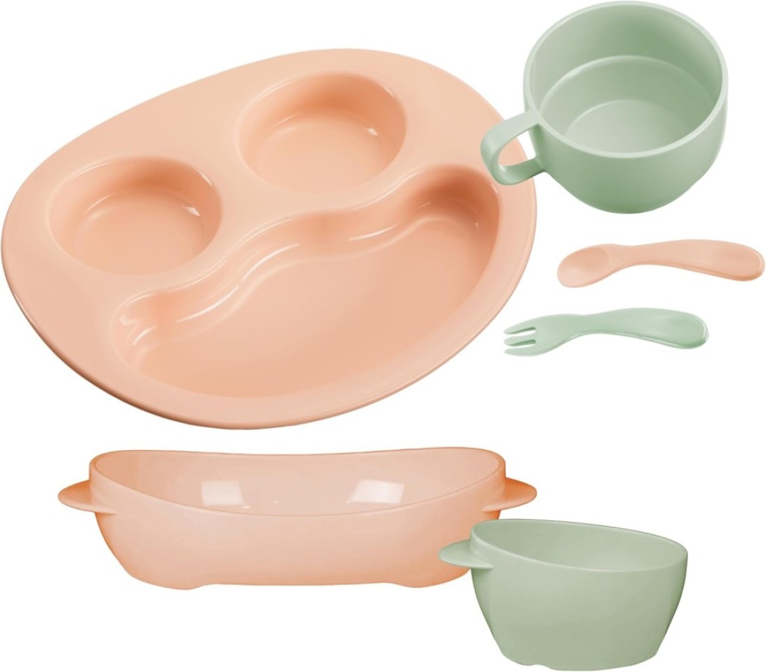 Inochi Amori Baby Feeding Set, Self Feeding For Toddlers &amp; Kids, Toddler Cutlery Kit, Reusable Odorless BPA Free, Dishwasher &amp; Microwave Safe, Plate Bowl Spoon Fork Cup, Milky Orange + Tea Green 6pcs