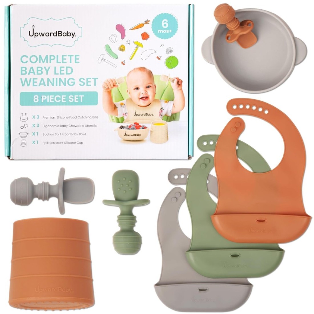 UpwardBaby Baby Led Weaning Feeding Supplies for Toddlers Baby Feeding Set Suction Silicone Baby Bowl Self Eating Utensils Set with Spoons Bibs Cups DishwasherSafe Infant Food Plate Kit