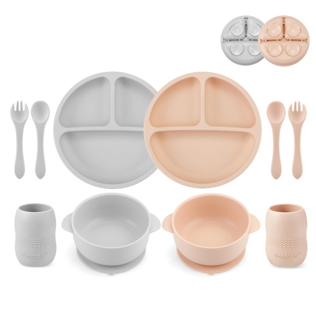 PandaEar Silicone Baby Feeding Set 2 Divided Suction Plate + 2 Suction Bowl + 2 Tiny Cup with 2 Spoons Baby Led Weaning Supplies Self Feeding Utensils (Pink Gray)