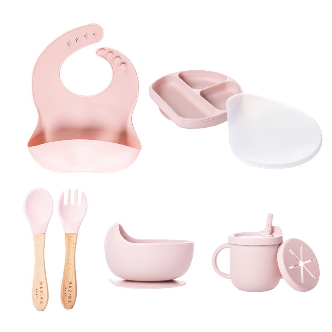 NAZIRABABY 8 Piece Baby Feeding Set Suction Silicone Suction Bowls Divided Plates Straw Sippy Cup Toddler Self Feeding Eating Utensils Set with Bibs Spoons Fork Flamingo Rose