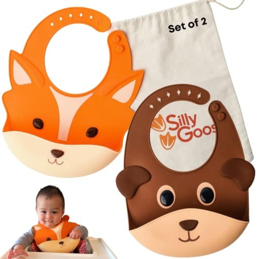 Silly Goose Set of 2 Silicone Animal Baby Bibs for Babies and Toddlers Waterproof Adjustable Soft Extra Wide Food Catcher Pocket 2PK FoxBear