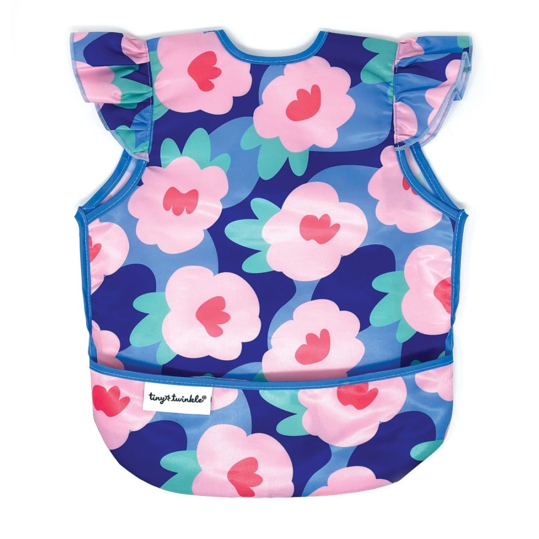 Tiny Twinkle Mess Proof Baby Bib - Waterproof Baby Apron - Machine Washable - PVC, BPA, &amp; Phthalate Free - Great Travel Bib for Baby Eating - Baby Food Bibs (Floral Blue, Small 6-24 Months)