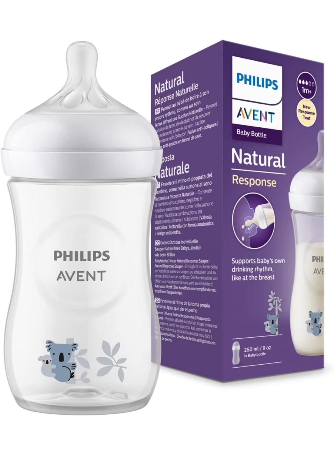 Philips Avent Natural Response Baby Milk Bottle, BPA Free For Babies Koala Pattern, 260ml