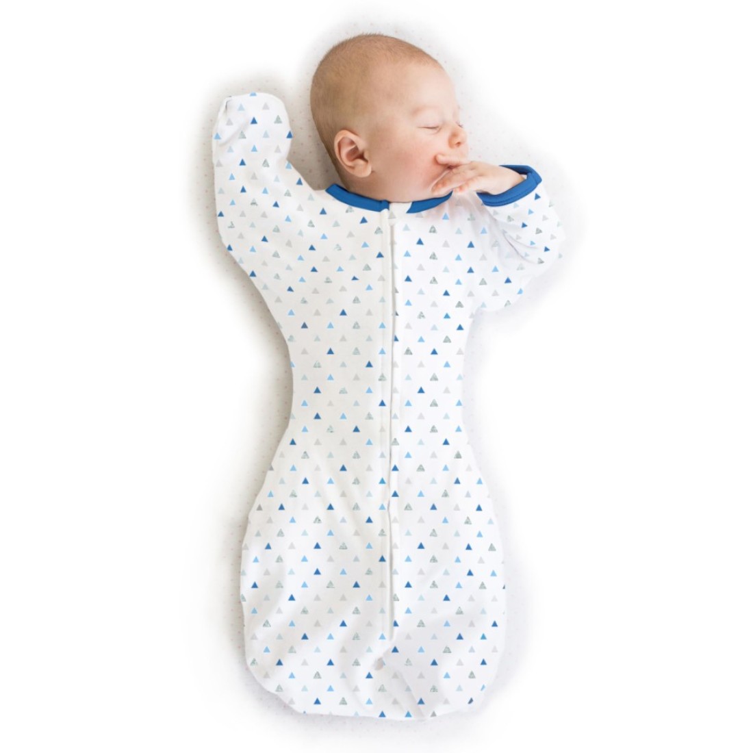 SwaddleDesigns Transitional Swaddle Sack with Arms Up Half-Length Sleeves and Mitten Cuffs, Medium, 3-6 Months, 14-21 lb, Tiny Triangles, Blue (Arms Up Swaddle, Transition Swaddle Sleep Sack)