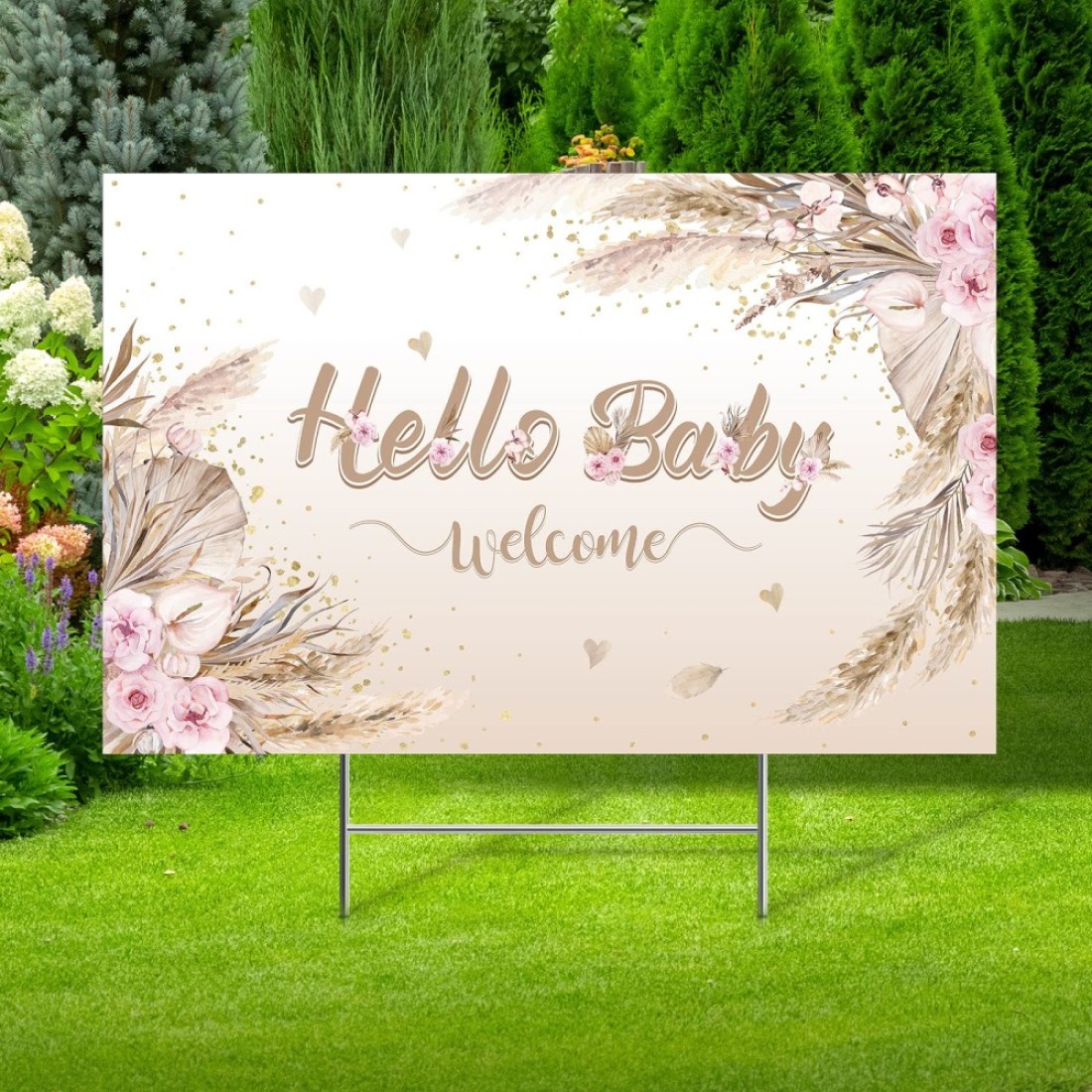 Baby Shower Yard Sign with Stake Gender Reveal Yard Sign Blue Pink Elephant Lawn Sign Baby Bear Lawn Sign Welcome Baby Announcement Sign for Boy Girl Outdoor Baby Shower Party Decor(Boho Style)