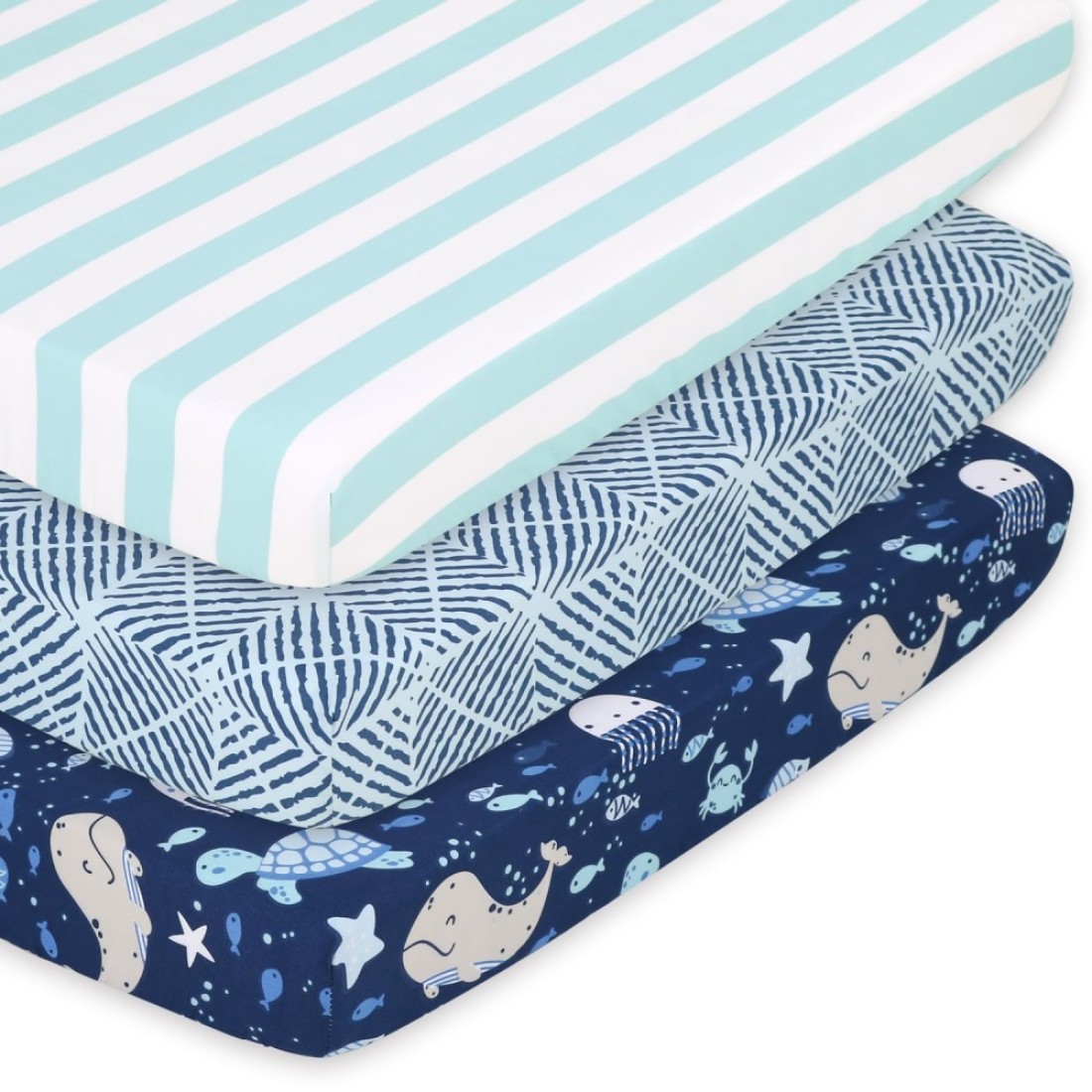 The Peanutshell 3-Pack Fitted Playard Sheets - Soft &amp; Breathable Baby Boy or Girl Mini Crib Sheets, Pack N Play Mattress, Fits Standard Playard Pack Play Mattresses - Sealife
