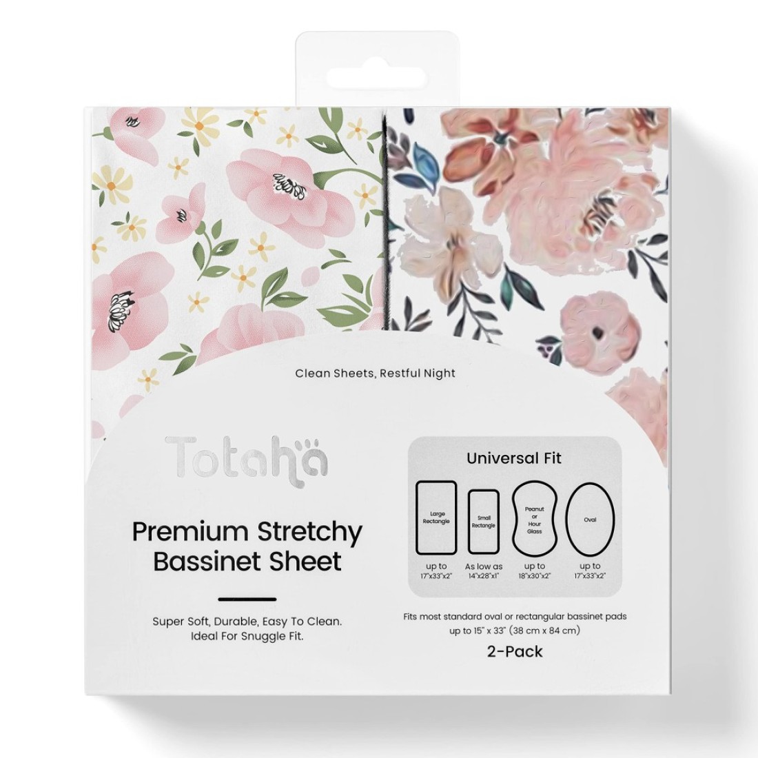 TotAha Premium Stretchy Bassinet Sheets for Baby Girl, Silky Comfort Cradle Sheets Fitted 18 x 36 for Oval, Rectangular, Hourglass Mattress, Hypoallergenic, Buttery Soft 2-Pack (Floral &amp; Pale Pink)