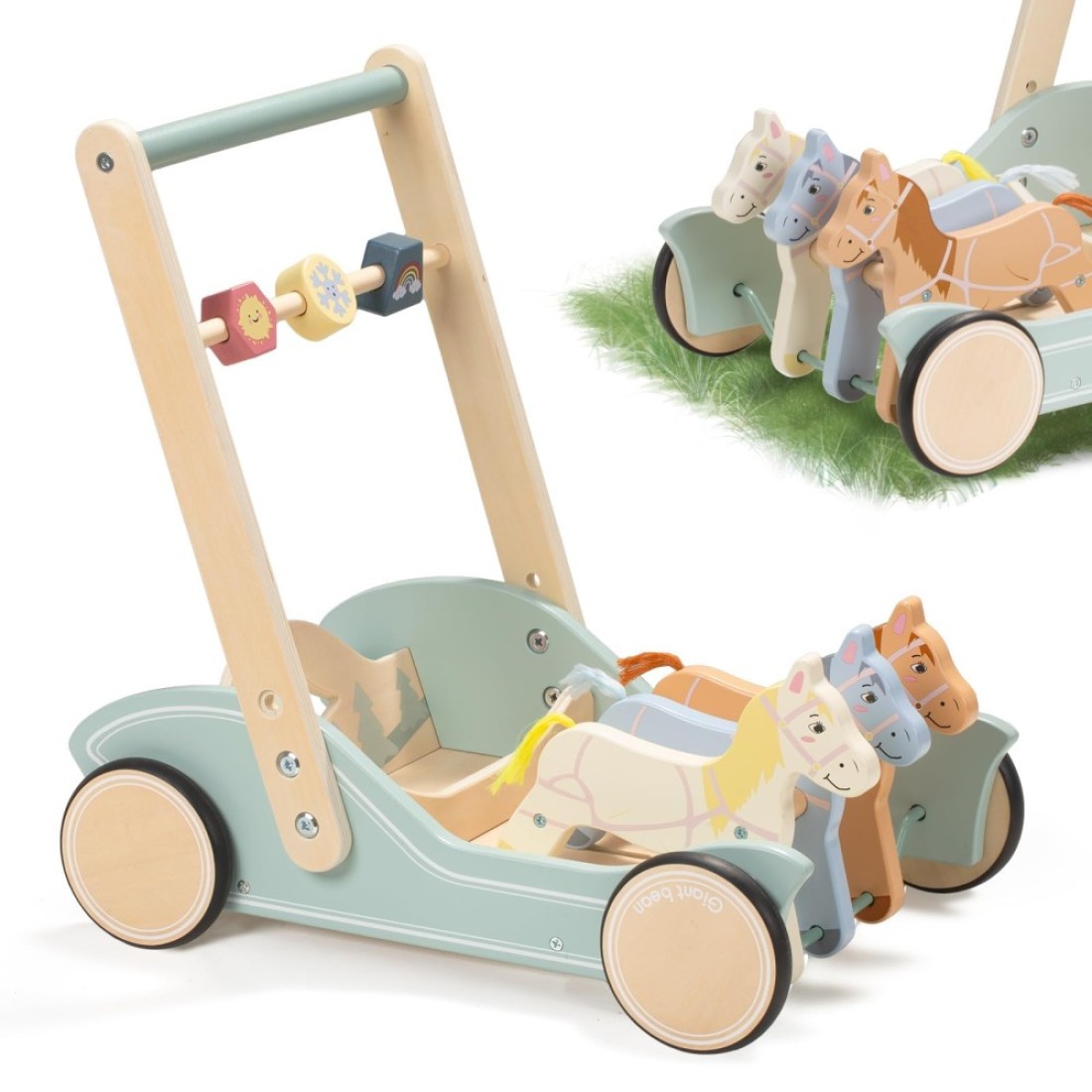 Wooden Baby Walker for Boys Girls Ages 1-3, Galloping Ponies Push and Pull Activity Walker Adjustable Speed, Baby Push Walker for Toddler Kids Motor Skills &amp; Creativity