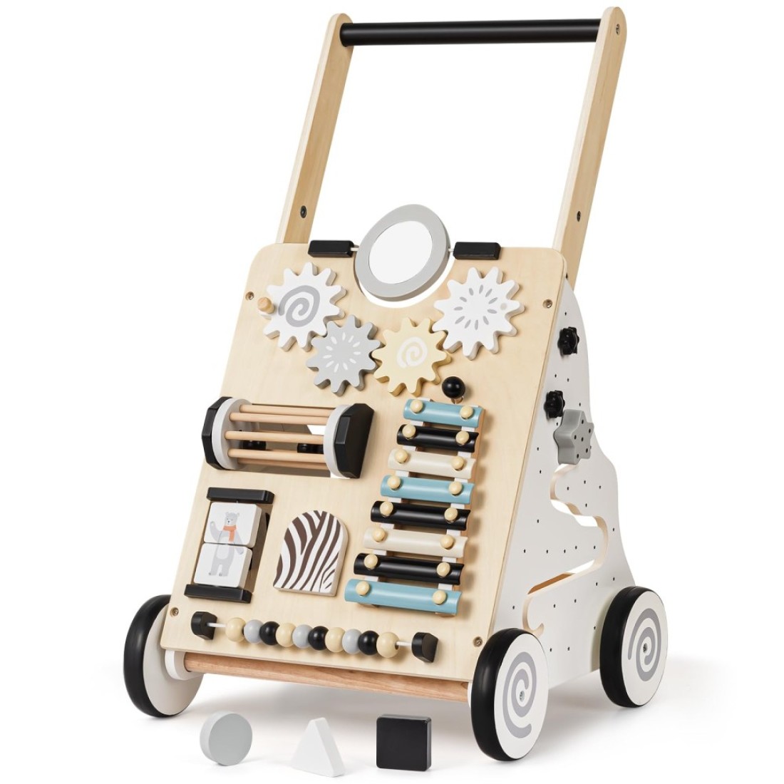 V-Opitos Baby Wooden Walkers, Height and Resistance Adjustable Push Walkers with Learning Activity Center, Baby Sit to Stand Walker Toys, Ideal Gifts for 6-12-18 Months Boy &amp; Girl