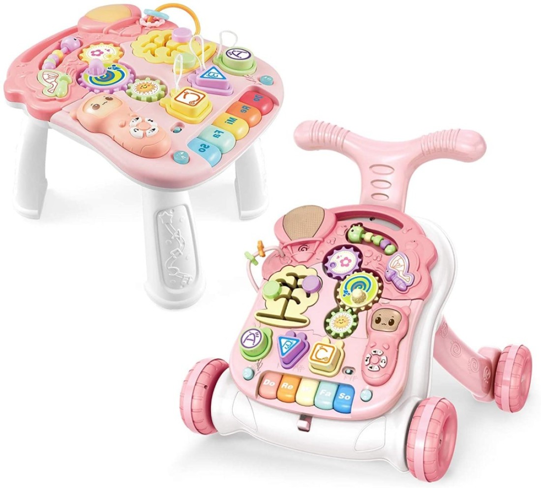 Baby Sit-to-Stand Learning Walker, 2 in 1 Baby Walker for Girls Boys, Educational Baby Push Walkers with Entertainment Activity Table, Baby Music Learning Toy Gift for Infant Boys Girls (Pink)