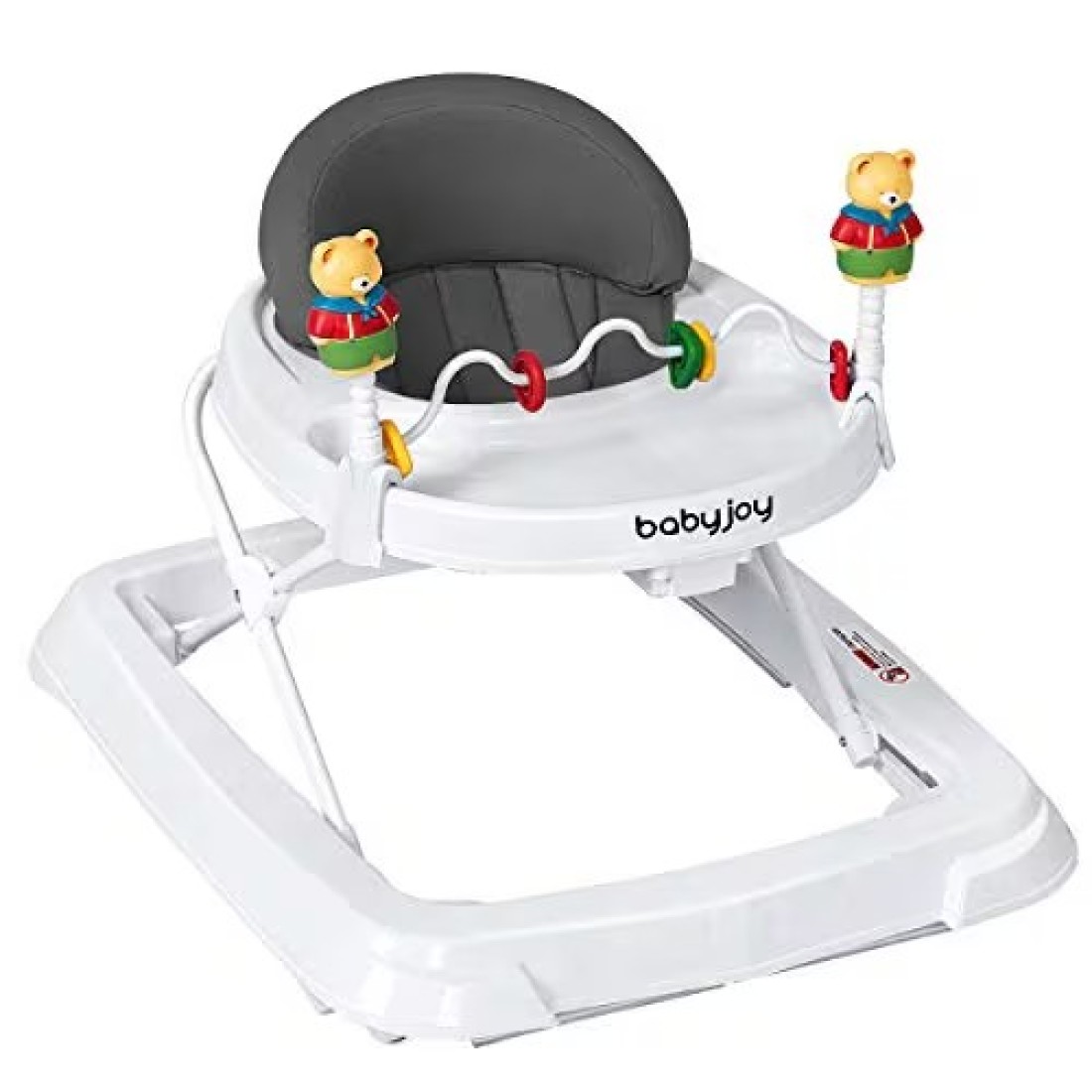 BABY JOY Baby Walker, Foldable Activity Walker Helper with Adjustable Height, Baby Activity Walker with High Back Padded Seat &amp; Bear Toys, Gray