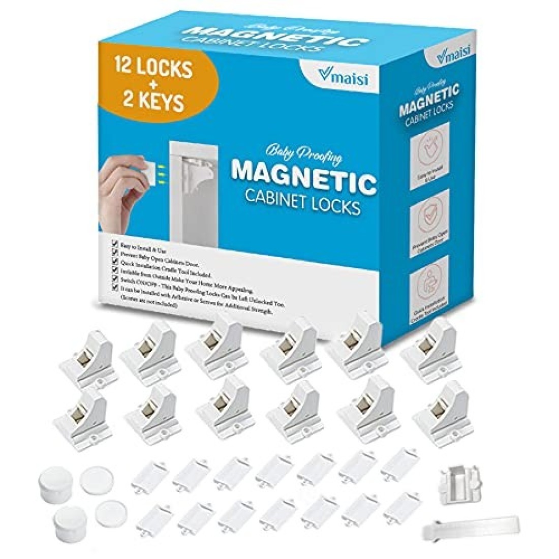 vmaisi Baby Proofing Magnetic Cabinet Locks Child Safety 12 Pack Children Proof Cupboard Baby Latches Adhesive Magnet Drawers Locks No Drilling