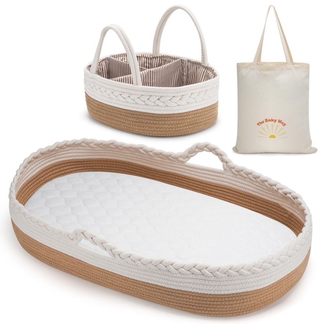 Baby Changing Basket by The Baby Wey, Moses Basket, Foam Basket Pad, 2 Washable Waterproof Pad Covers, Matching Diaper Caddy, Cloth Tote Bag for Traveling, Portable Changing Pad