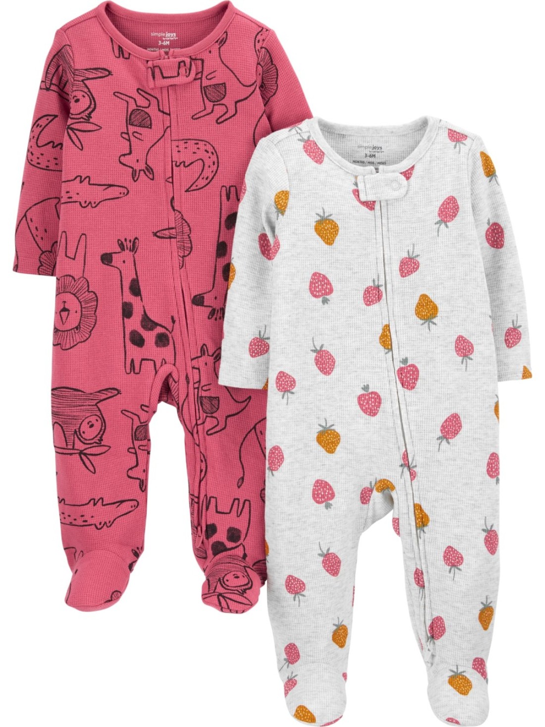 Simple Joys by Carter&#39;s Baby Girls&#39; 2-Way Zip Thermal Footed Sleep and Play, Pack of 2, Dark Rose Forest Animals/Grey Strawberries, 6-9 Months